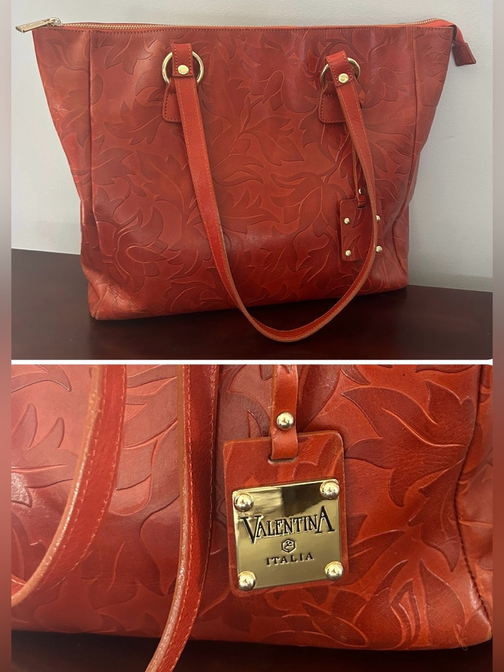 Valentina Orange Embossed Leather Handbag Tote Quiet Luxury Handmade in Italy